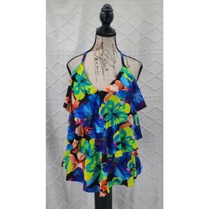 St. John’s Bay Swim Suit Top Size 18 Black Floral Ruffle Tankini NWT